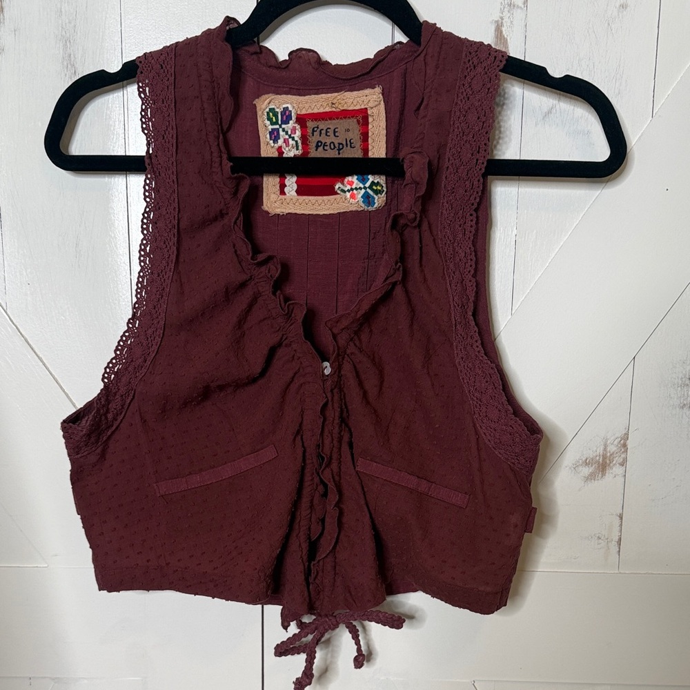 Free People Maroon Ruffle Tie-Front Cropped Tank